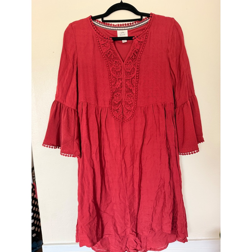 Knox Rose Red Boho Crochet Lace Bell Sleeve Lined Mini Dress Womens Small